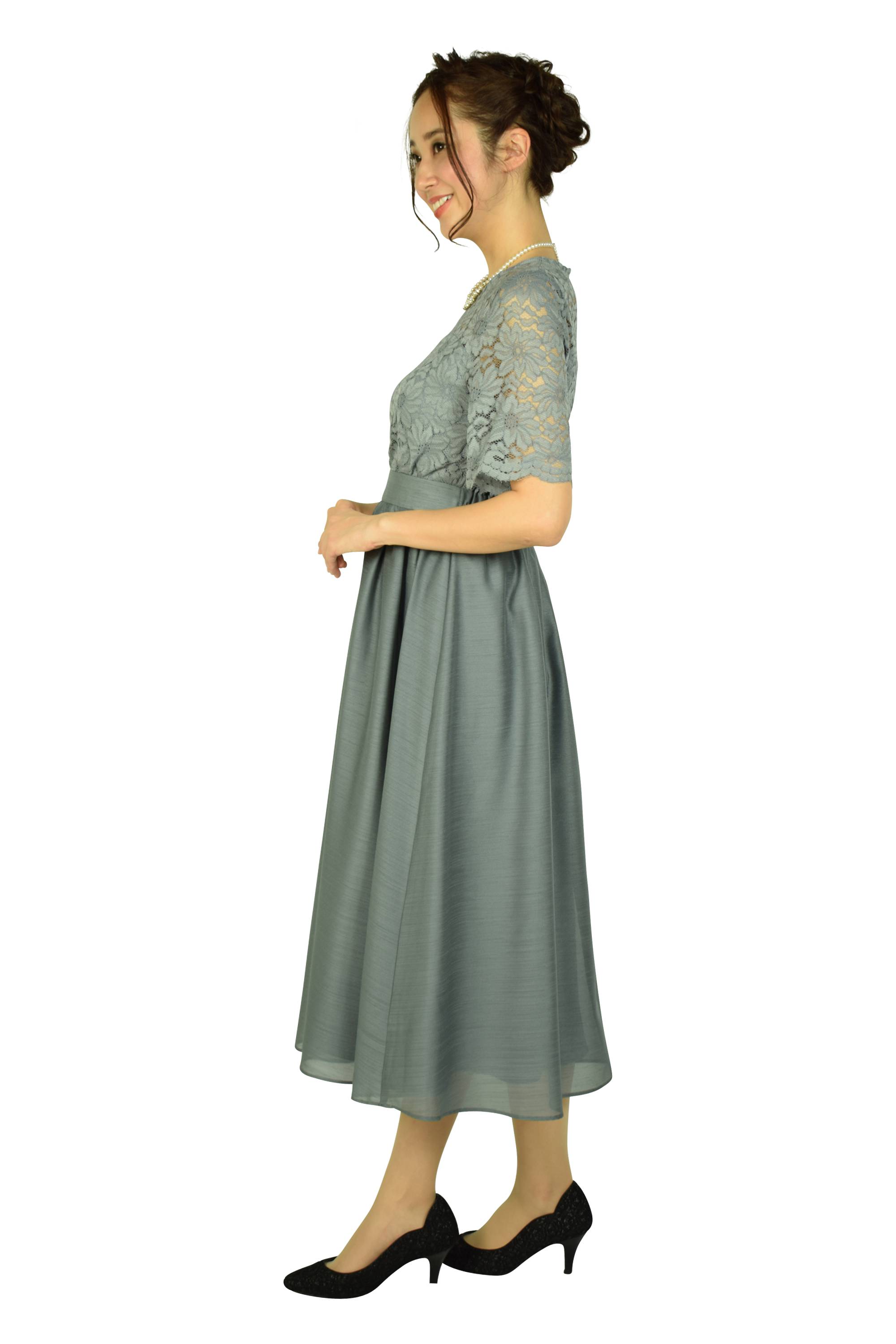 レース×シャンタン上品ブルーグレードレス