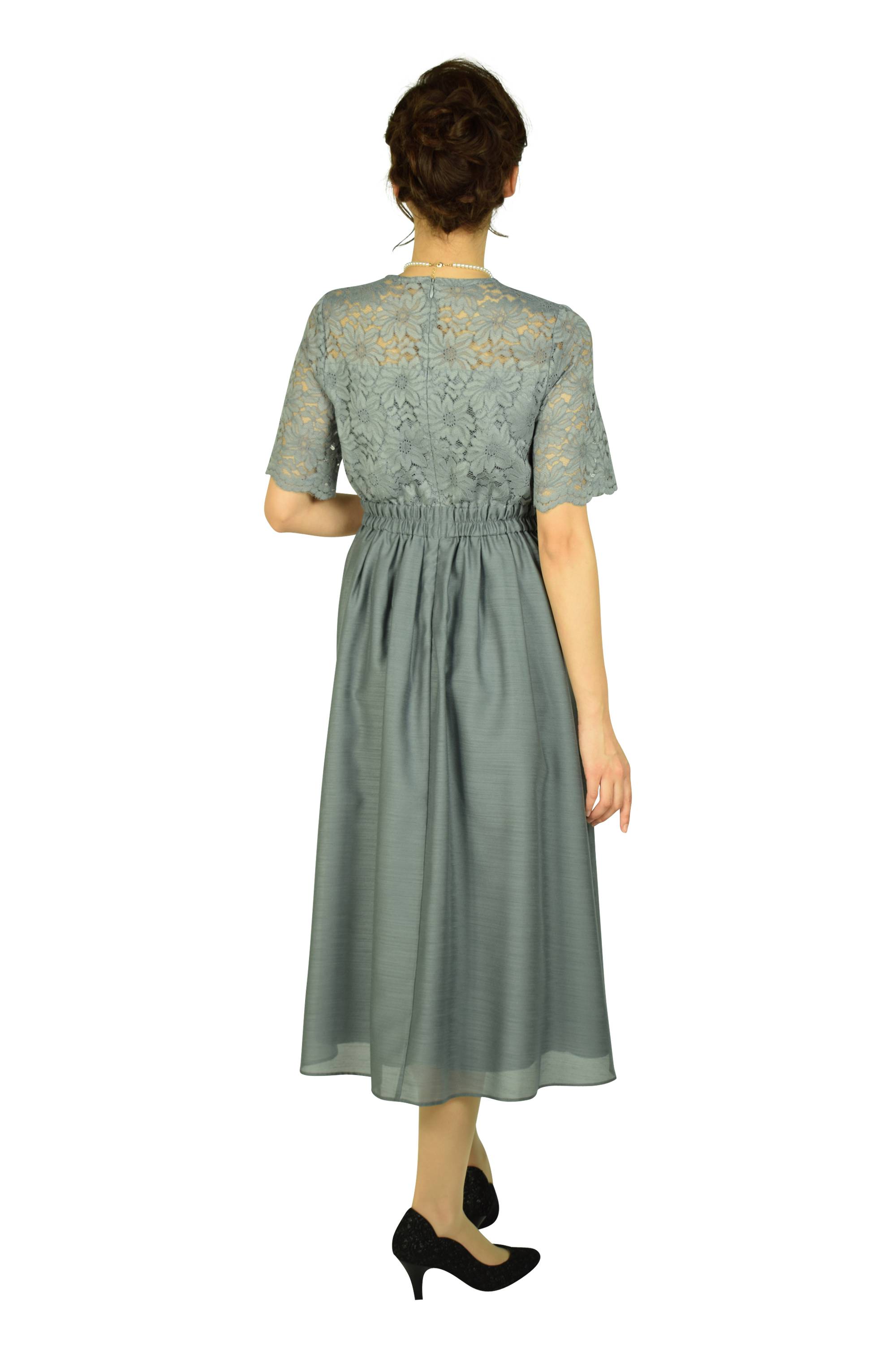 レース×シャンタン上品ブルーグレードレス