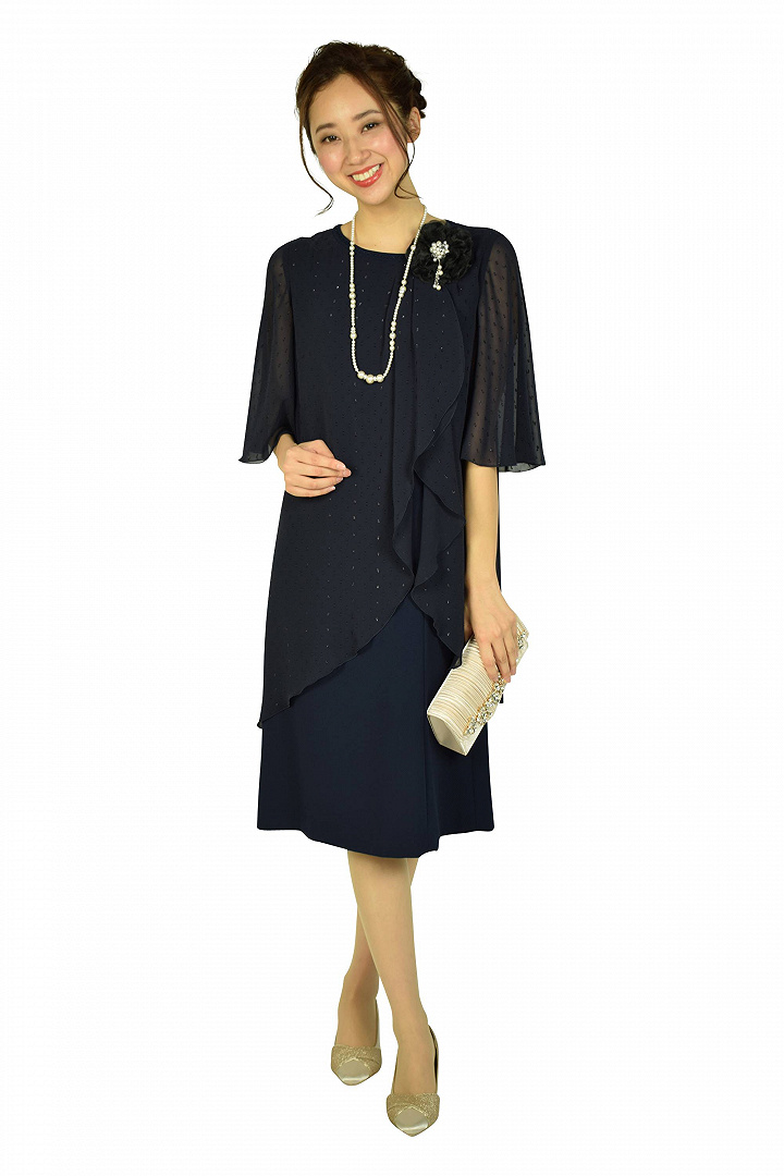 フレア袖ドレープネイビードレス