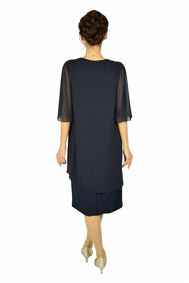 フレア袖ドレープネイビードレス