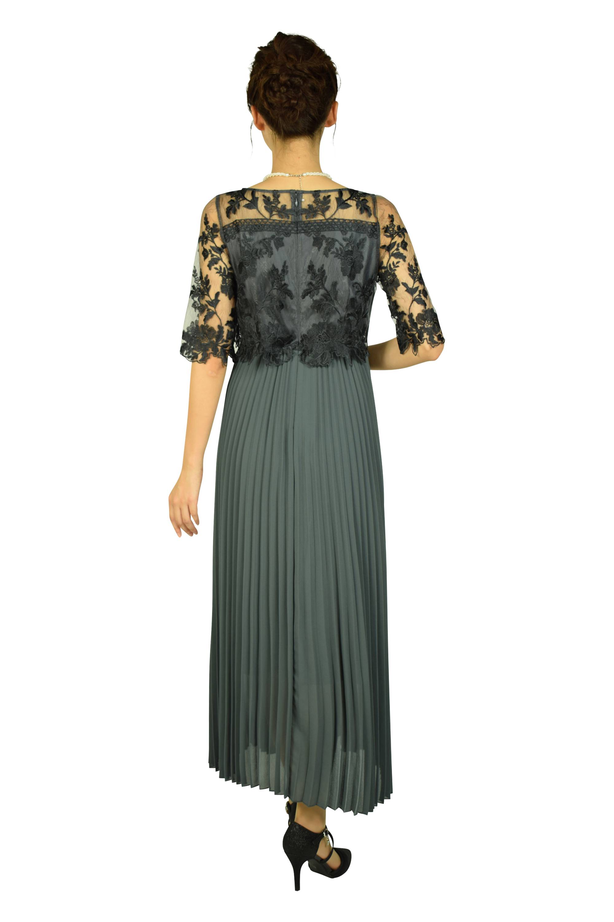 レース＆プリーツアッシュグリーンドレス