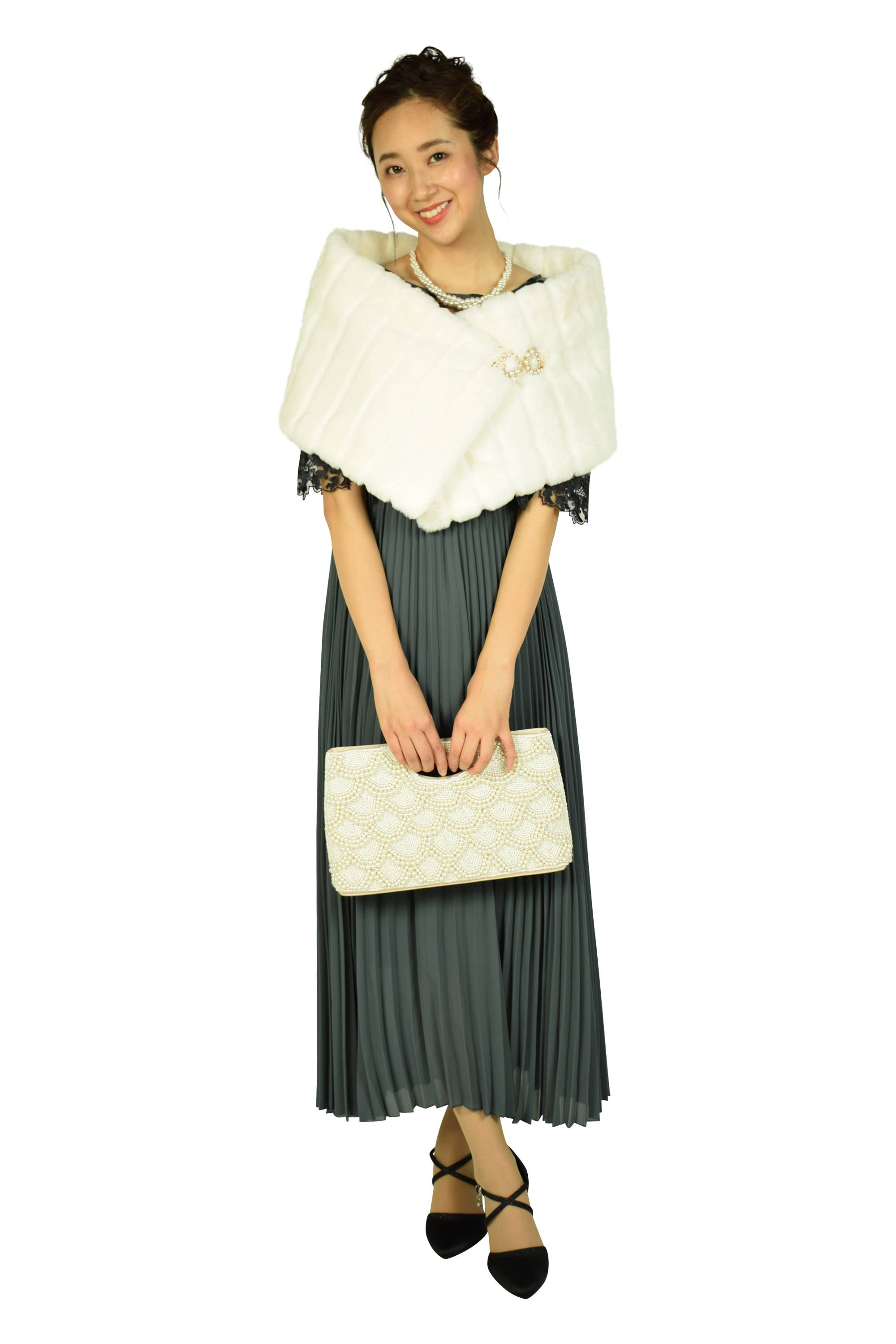 パール留め具フェイクファーホワイトショール