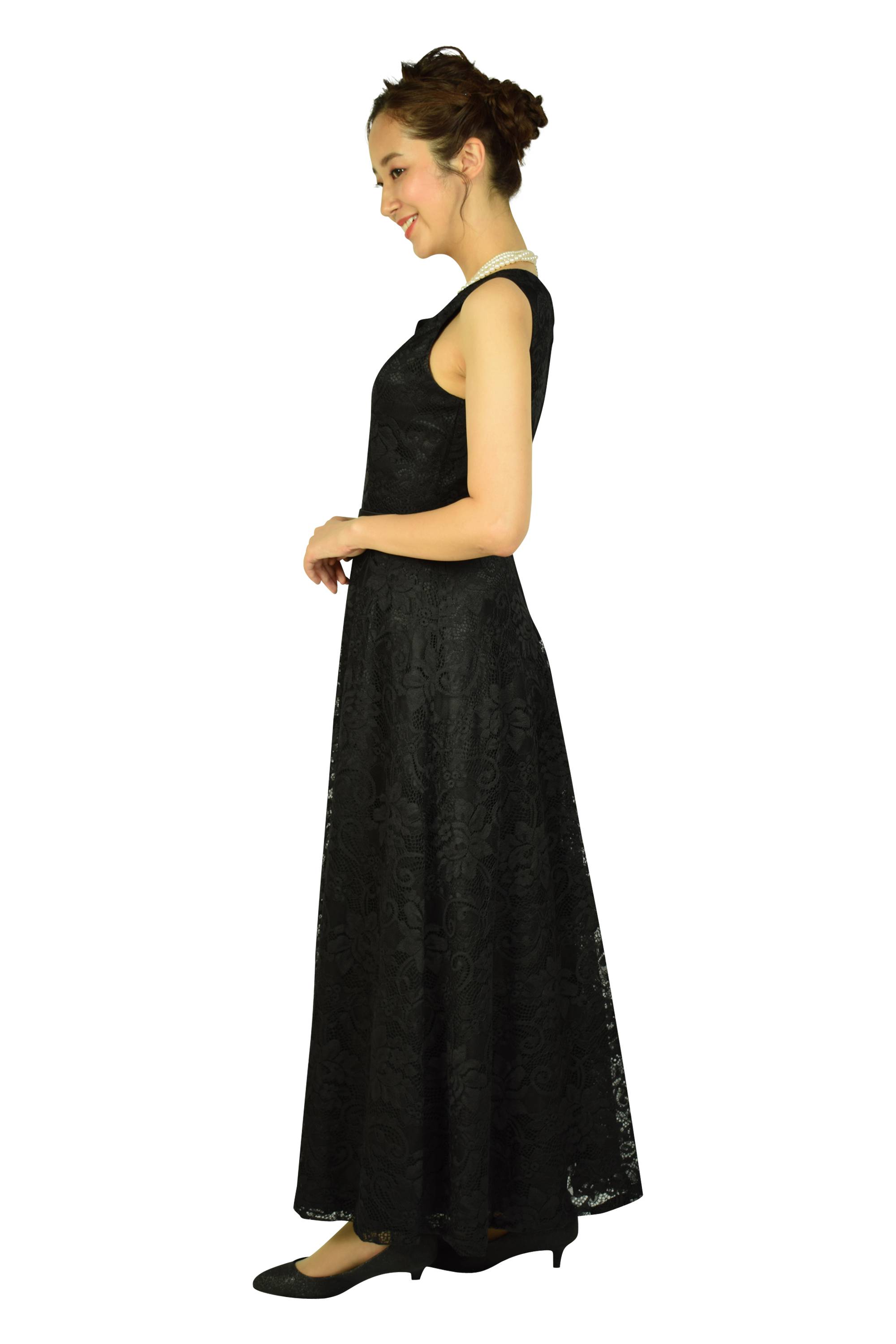 フレアー総レースブラックロングドレス