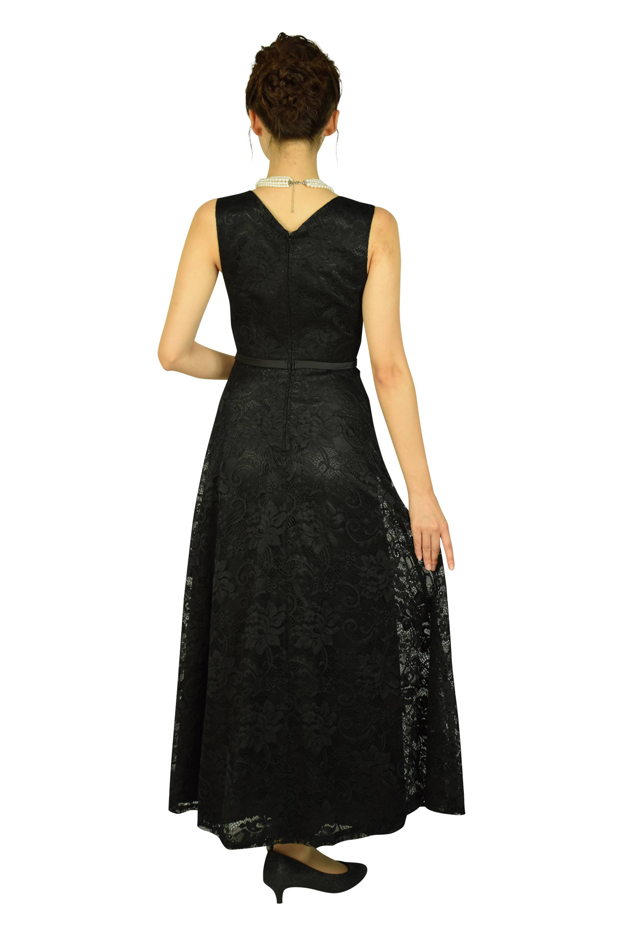 フレアー総レースブラックロングドレス