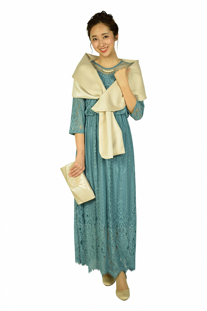 総レースアクアブルーロングドレス