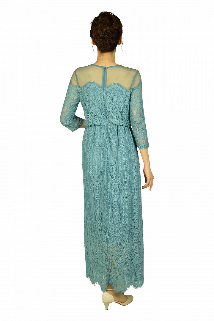 総レースアクアブルーロングドレス