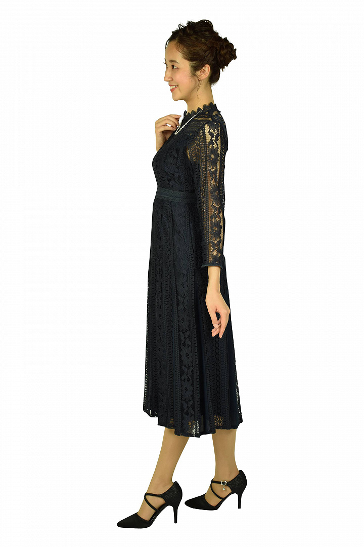 はしごレースフレアーネイビードレス