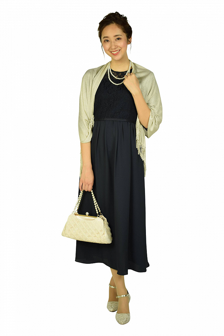 トップスレースミディネイビードレス