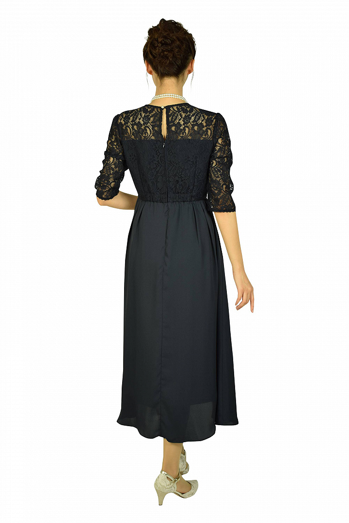 トップスレースミディネイビードレス