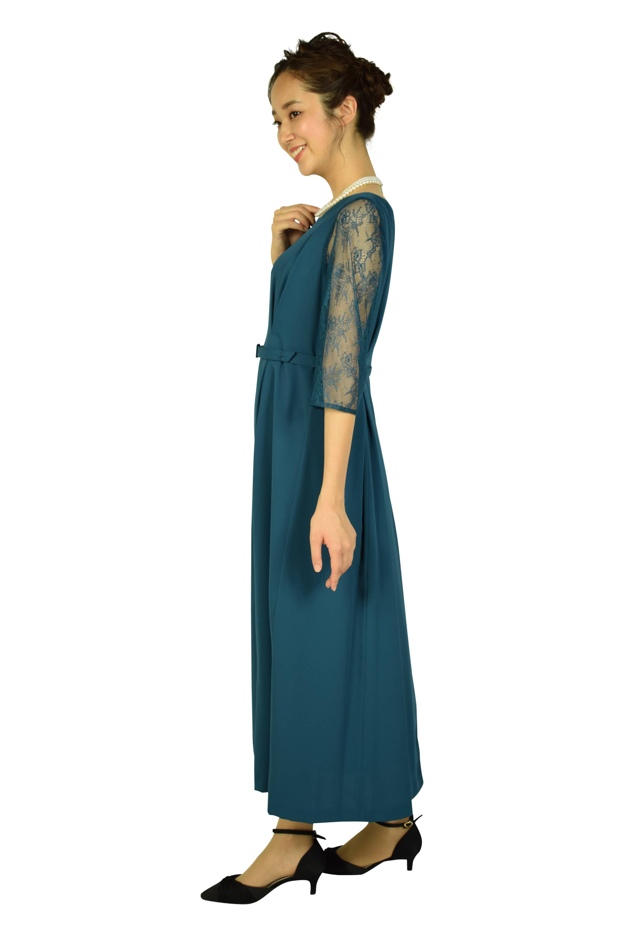 組曲 レーススリーブロングブルーグリーンドレス (4L) をレンタル