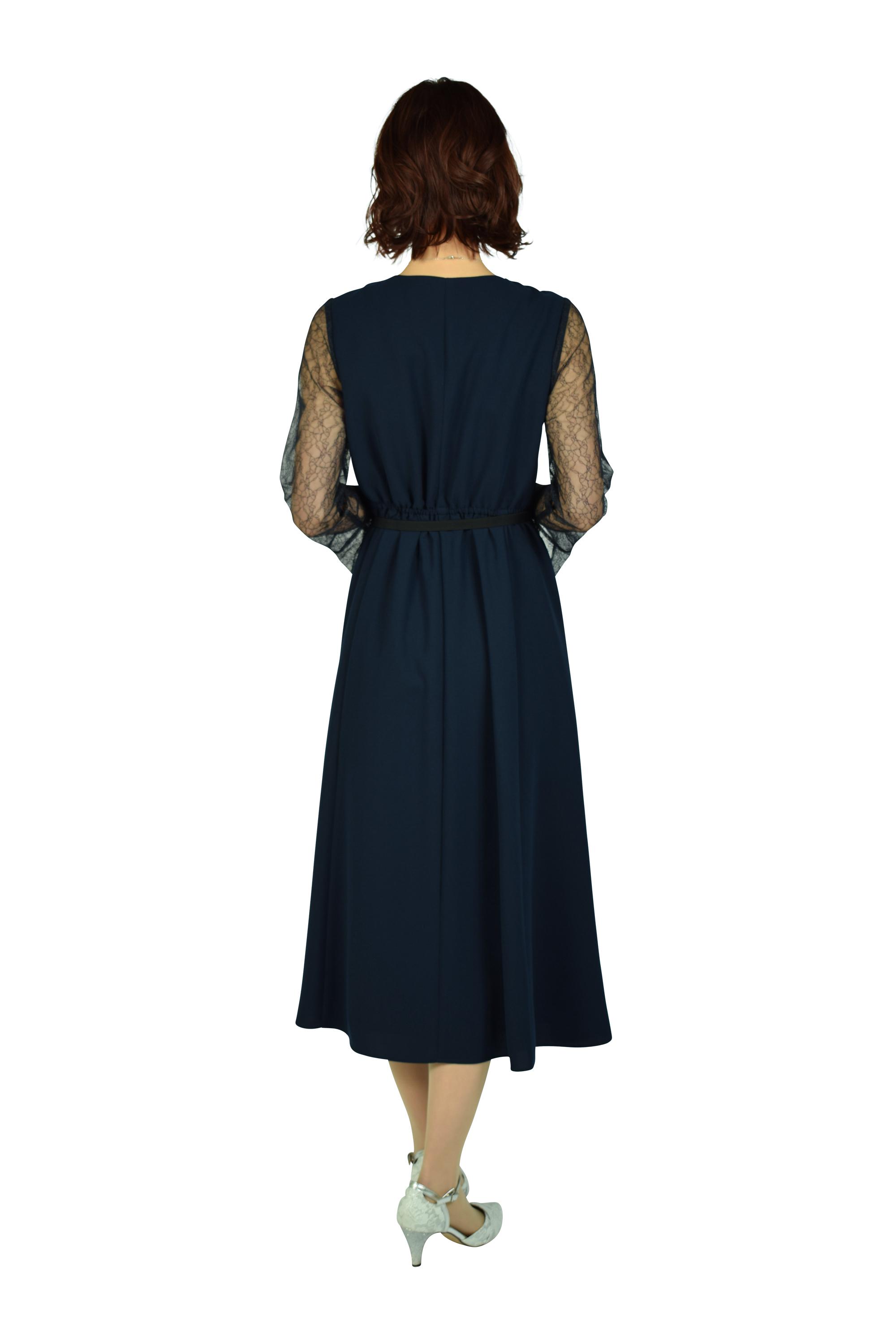 カシュクール&レースロング袖ネイビードレス