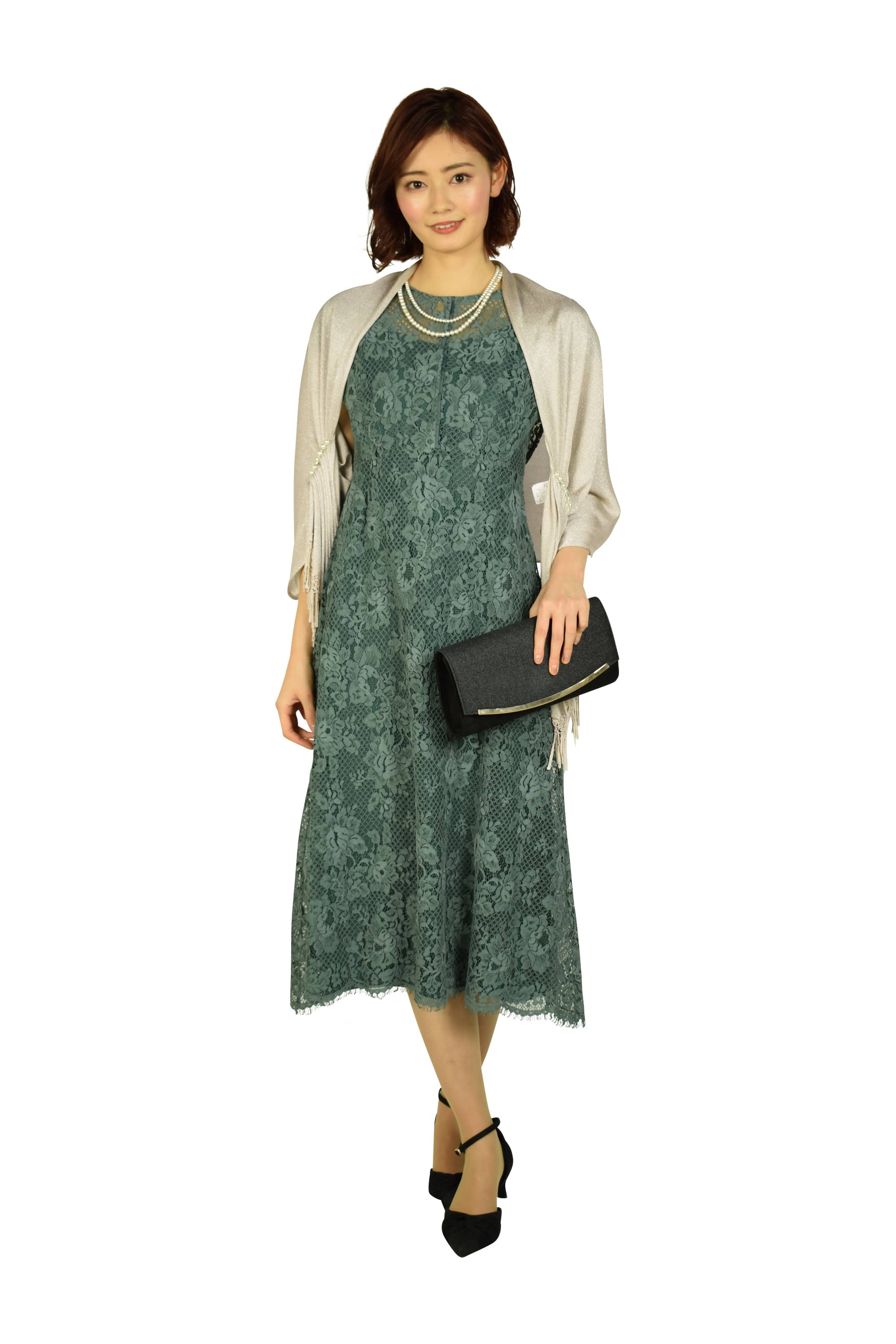 総レースターコイズグリーンカラードレス