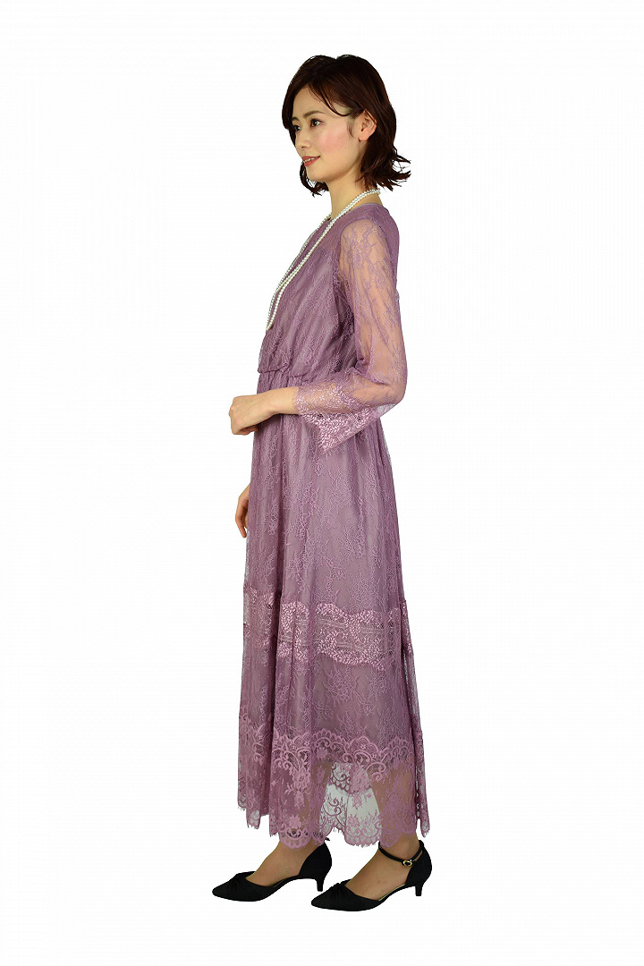 総レース袖付きライラックドレス