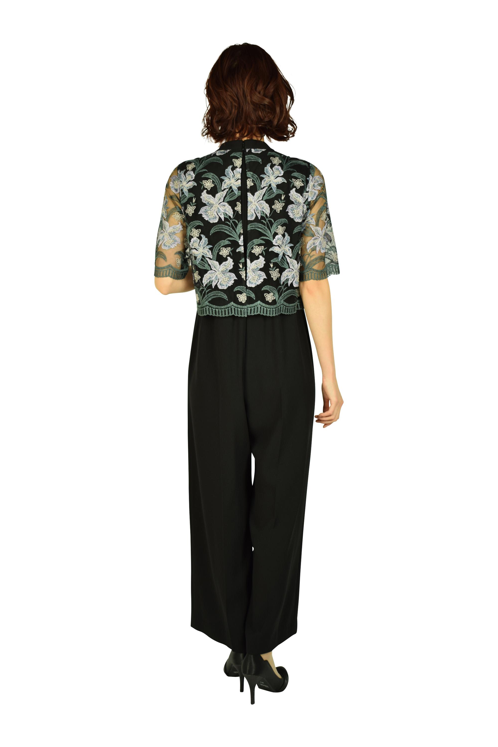 GRACE CONTINENTAL フラワー刺繍ブラックサロペットパンツドレス (L