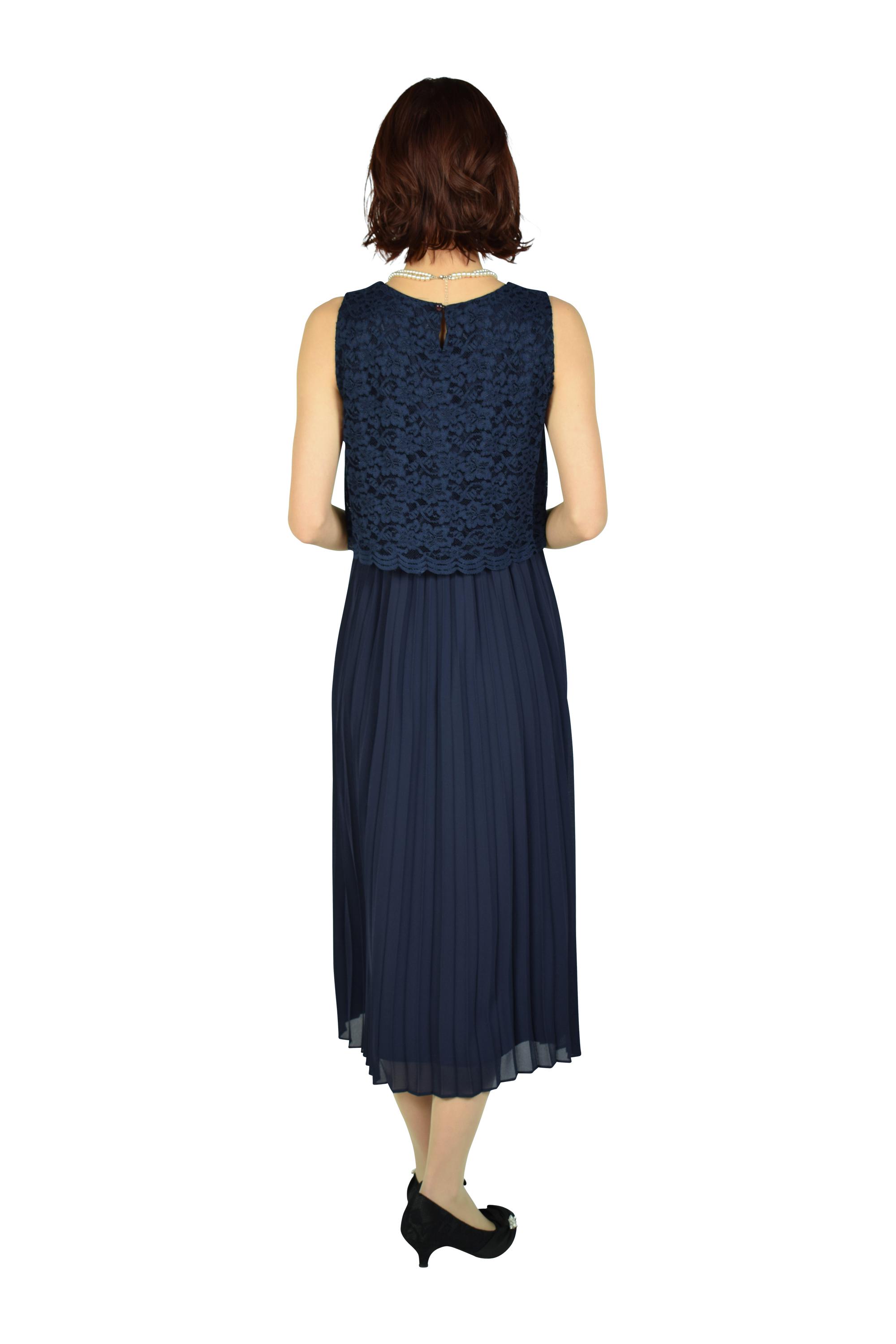 レース&プリーツミディネイビードレス