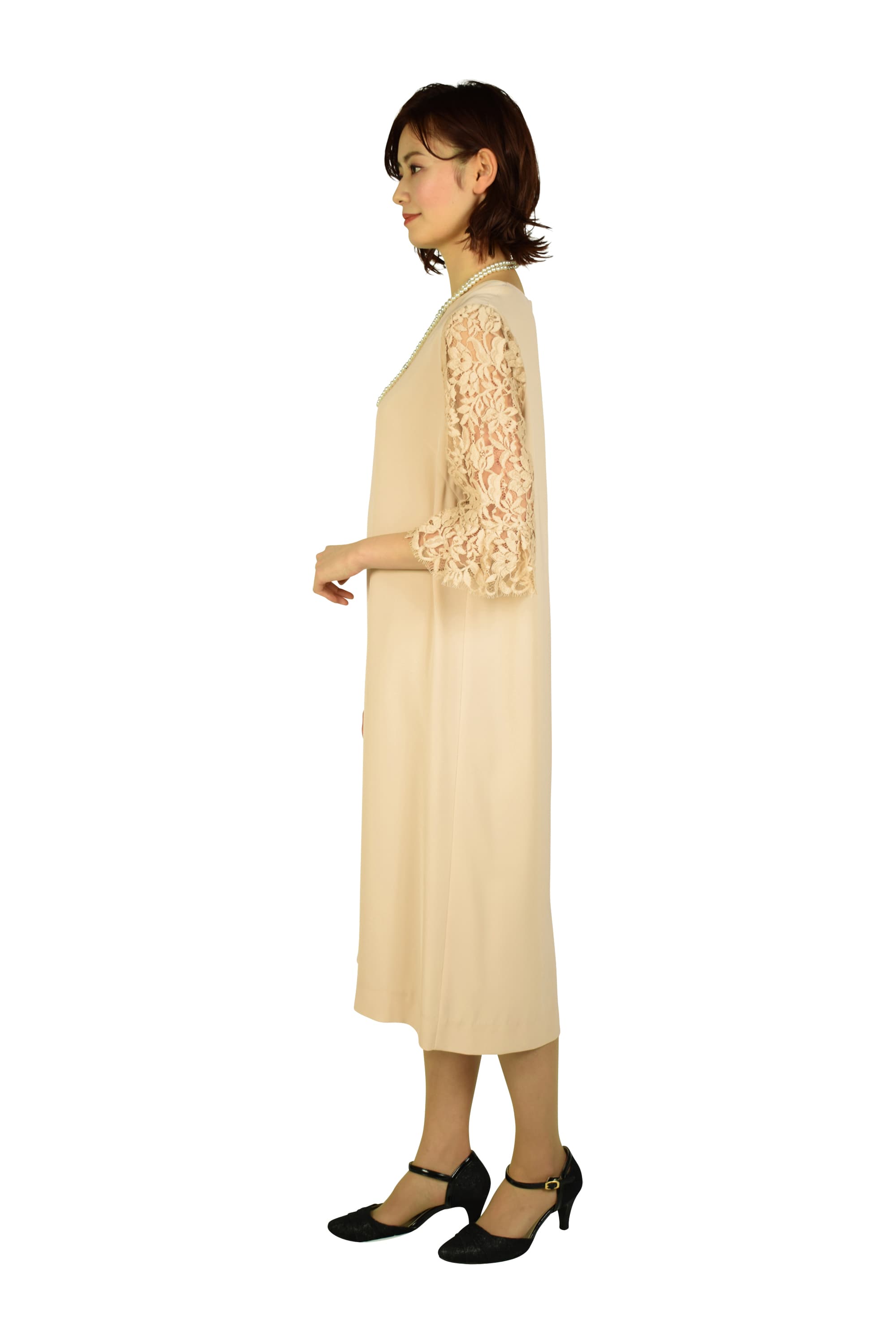 Vネックレーススリーブベージュドレス