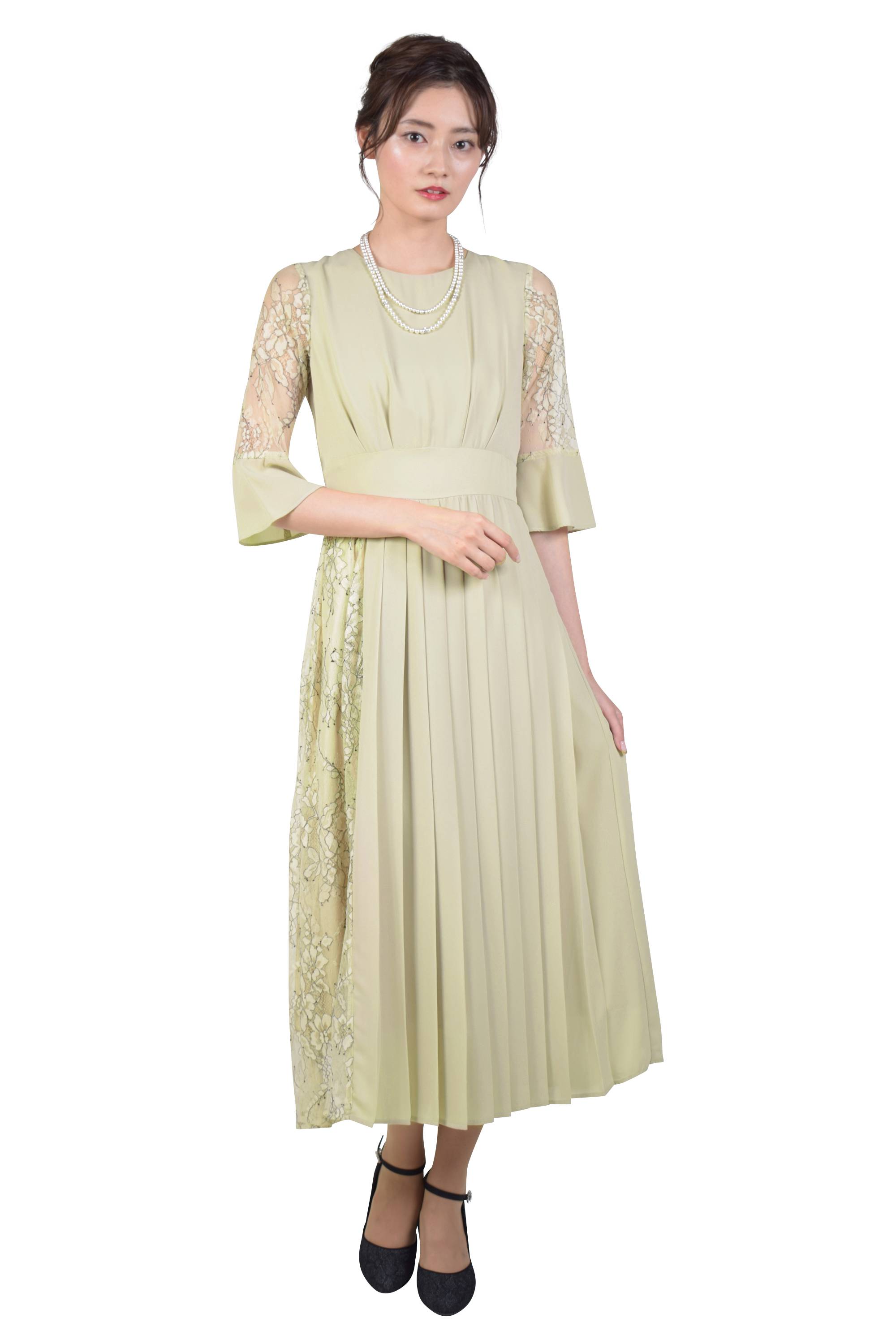 Hermoso レース×プリーツくすみレモンドレス (L) をレンタル - 結婚式