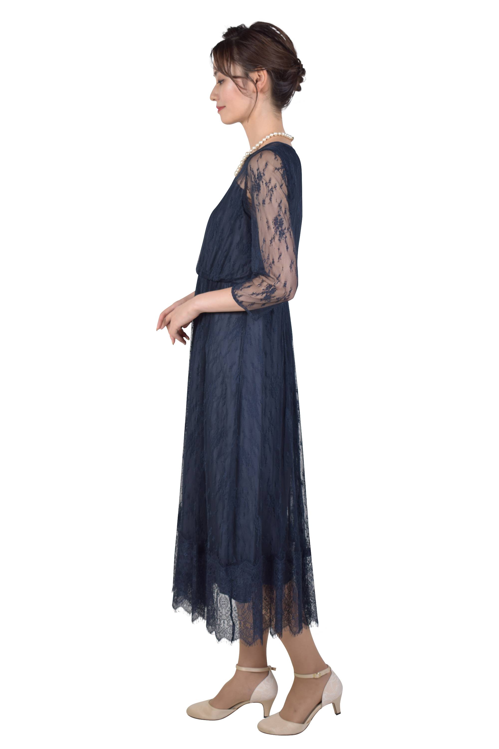 総レースフラワーモチーフネイビードレス