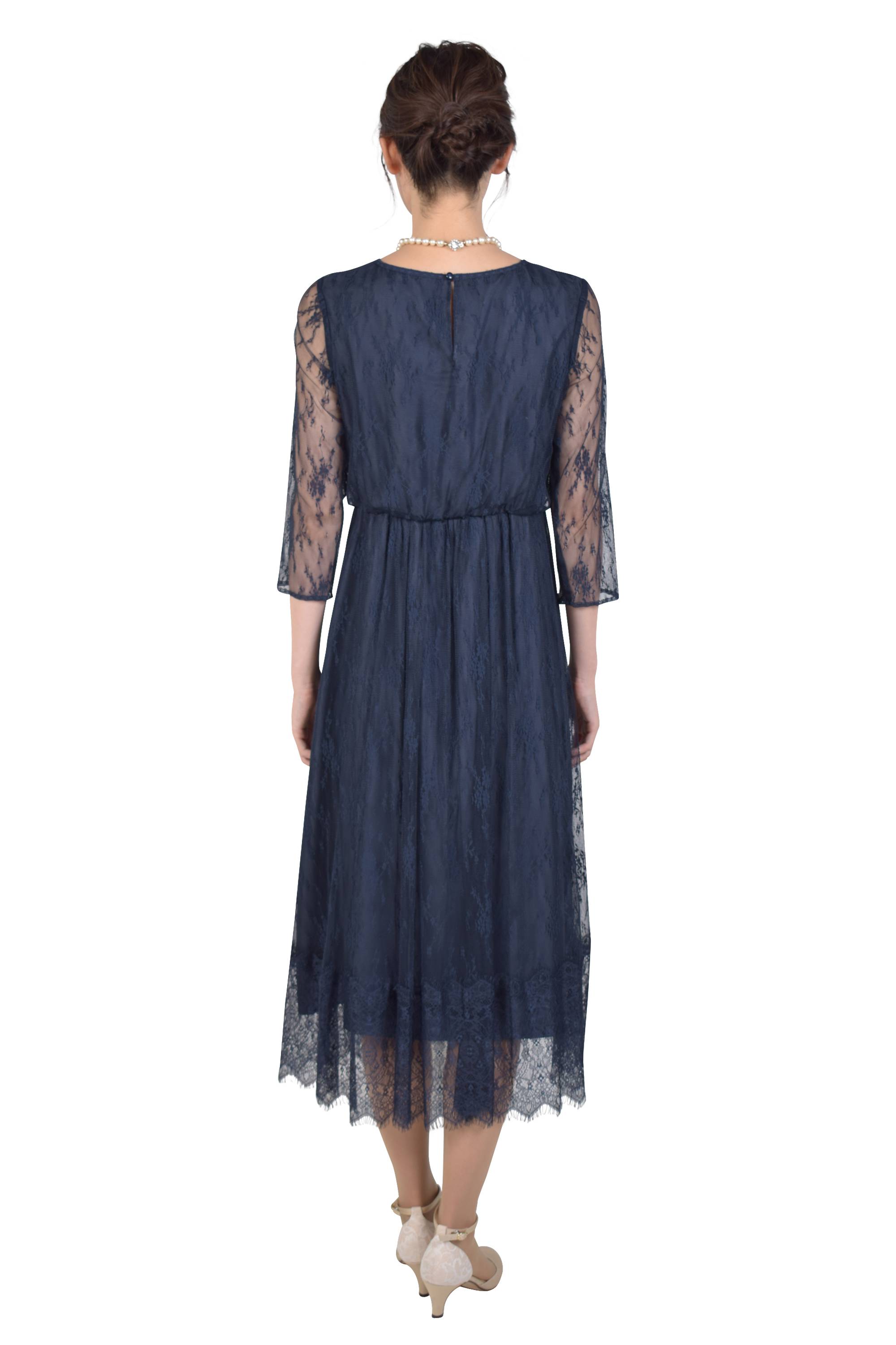 総レースフラワーモチーフネイビードレス