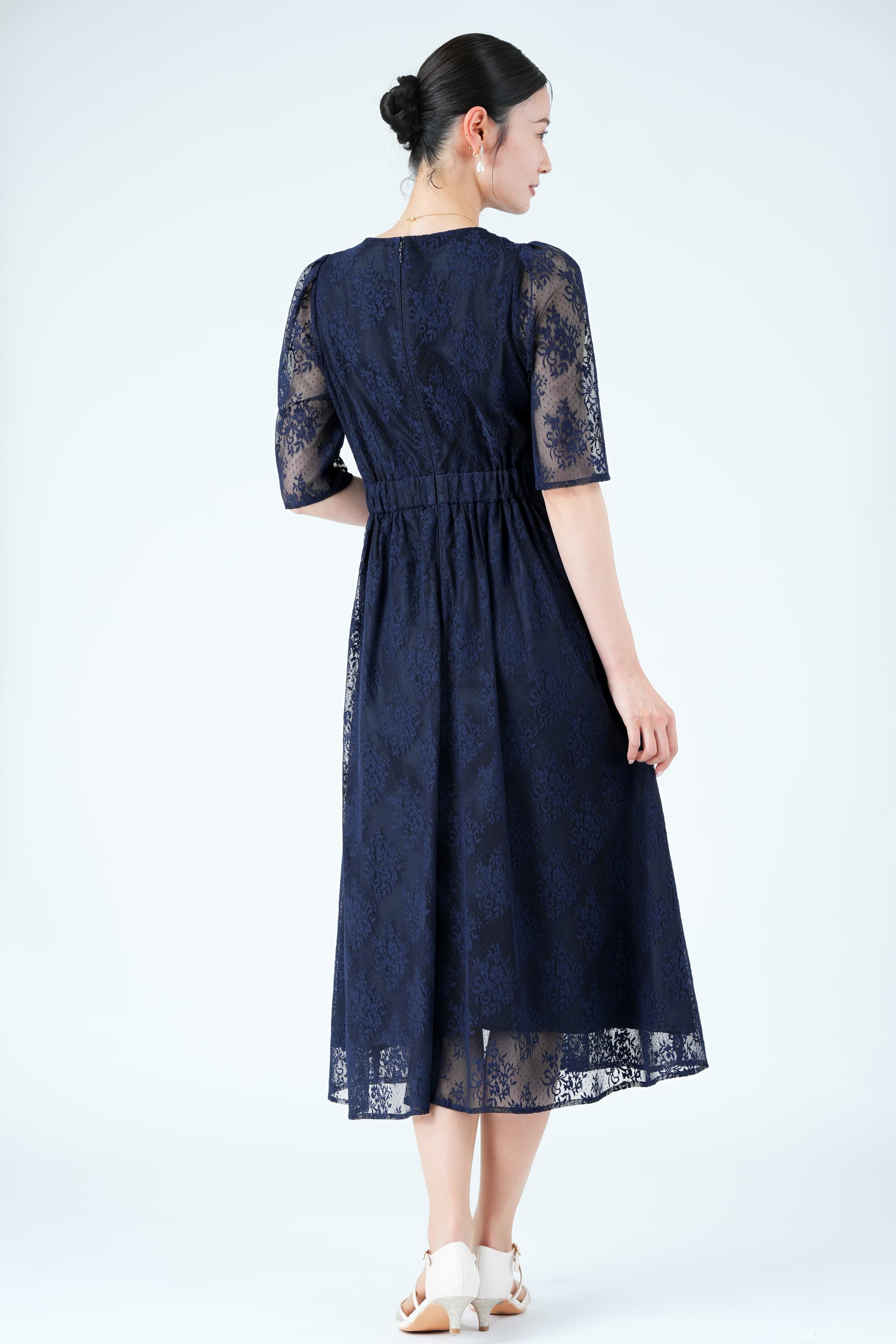 新品タグ付き✨aimer anche＊パーティードレス ネイビー 総レース M Aimer フラワーレース袖マキシドレス ネイビー/M｜結婚式