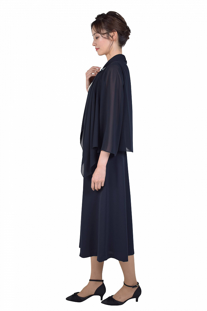 羽織付き風濃ネイビーミモレ丈ドレス