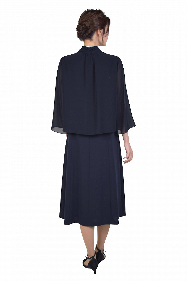 羽織付き風濃ネイビーミモレ丈ドレス