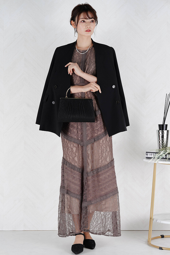 総レースモカロングドレス