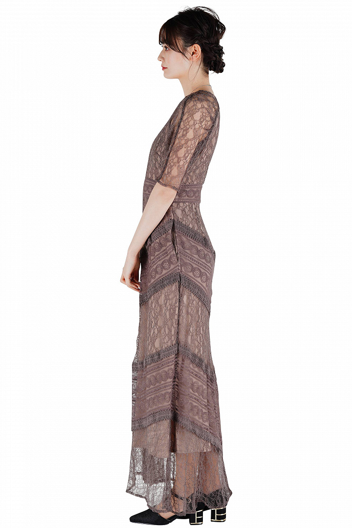 総レースモカロングドレス