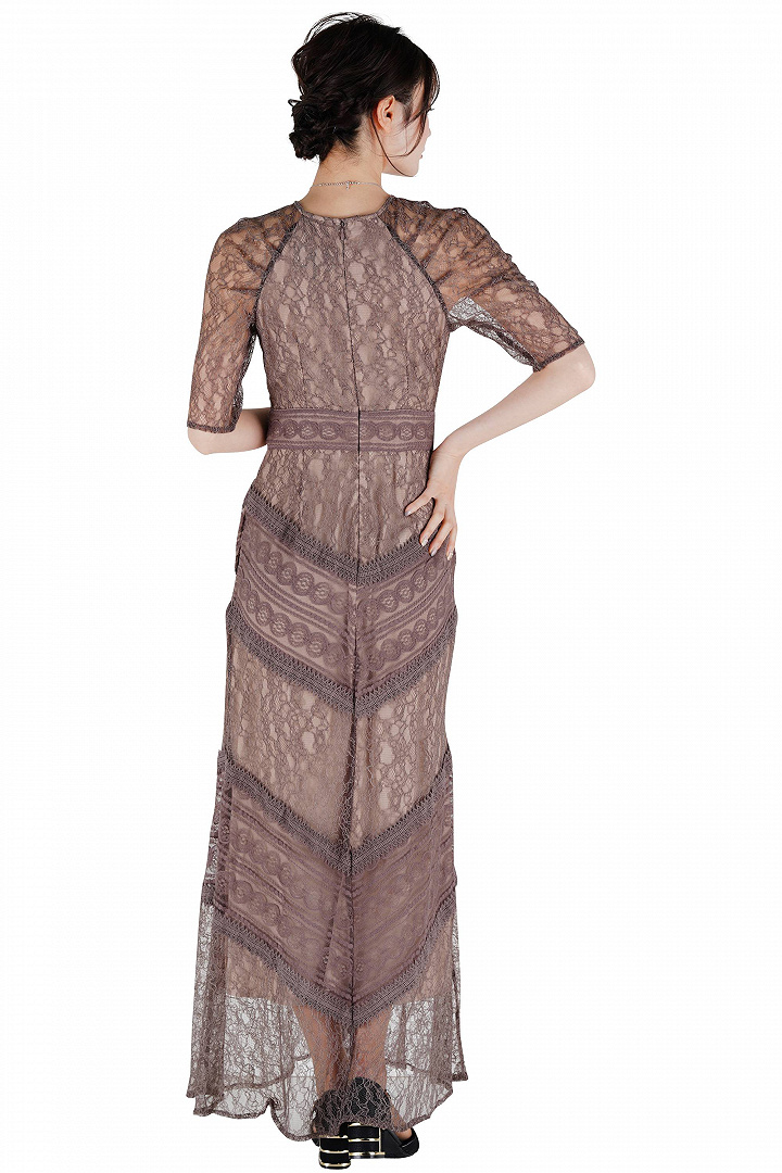 総レースモカロングドレス