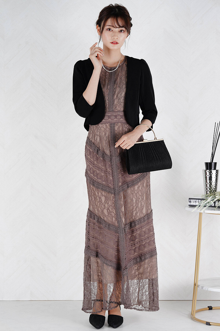 総レースモカロングドレス