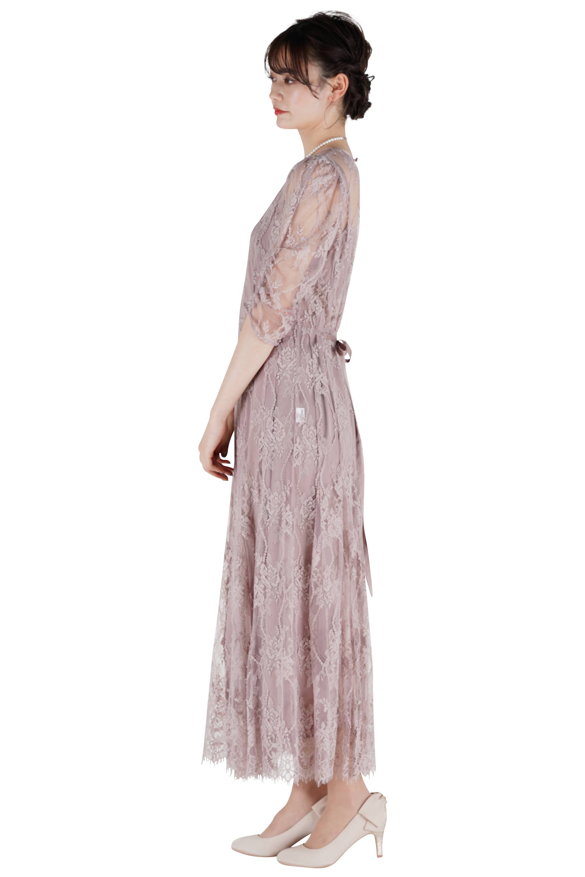 袖ギャザー総レースダスティピンクドレス