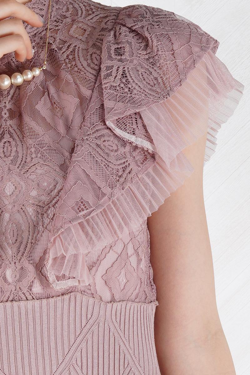 ウエストリブニットくすみピンクドレス