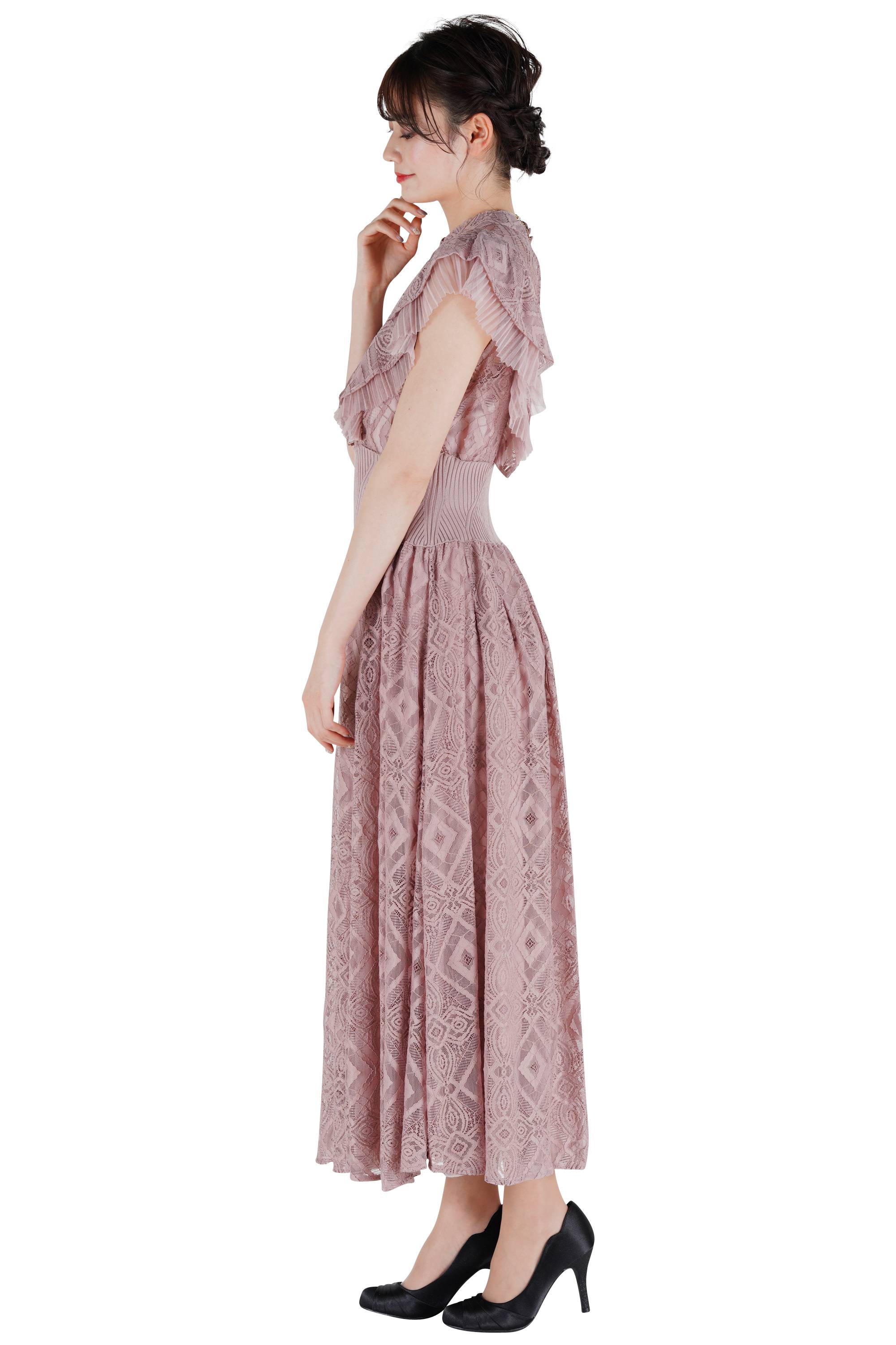 ウエストリブニットくすみピンクドレス