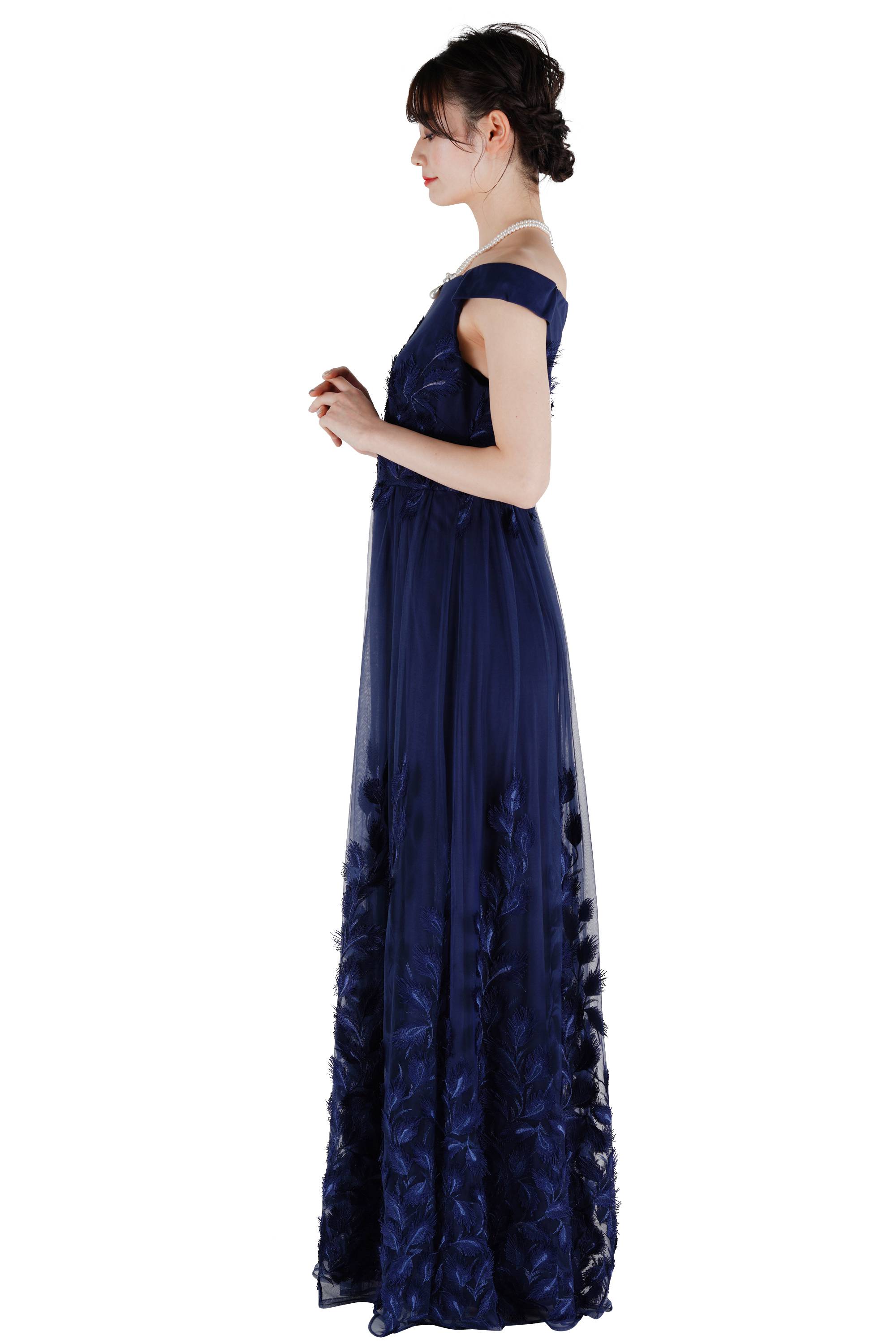 チュール×立体刺繍ネイビーロングドレス