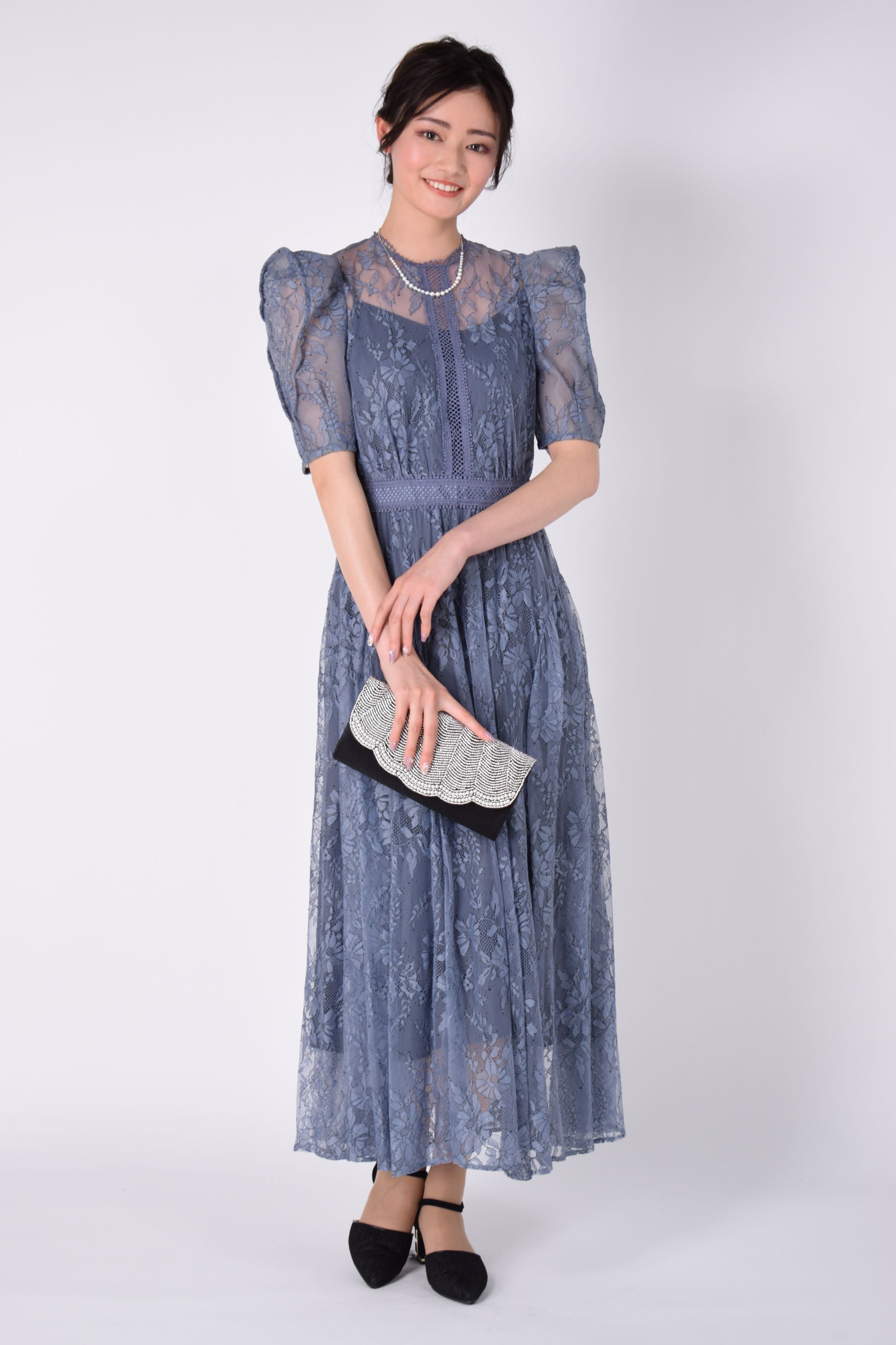 ボリューム袖フラワー刺繍アッシュネイビードレス