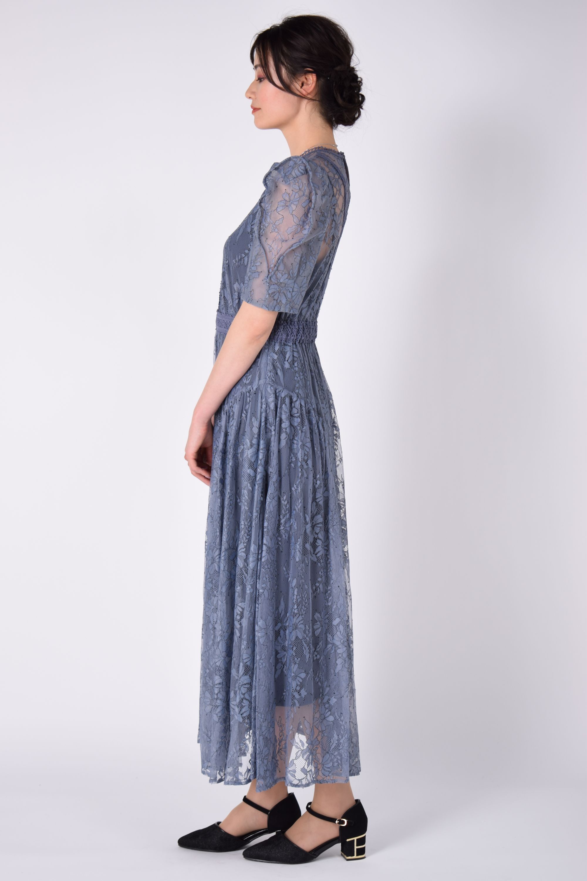 ボリューム袖フラワー刺繍アッシュネイビードレス