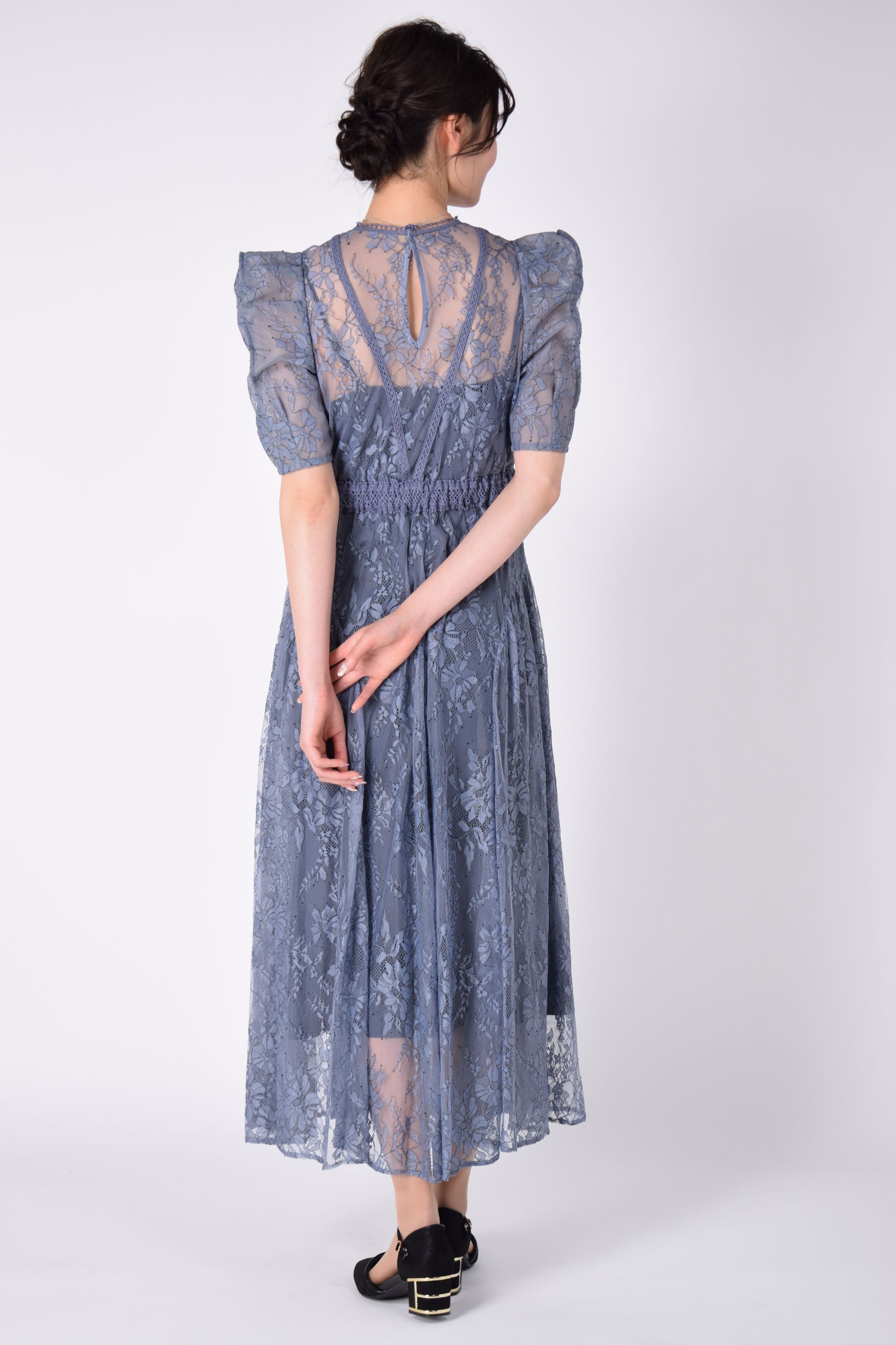 ボリューム袖フラワー刺繍アッシュネイビードレス