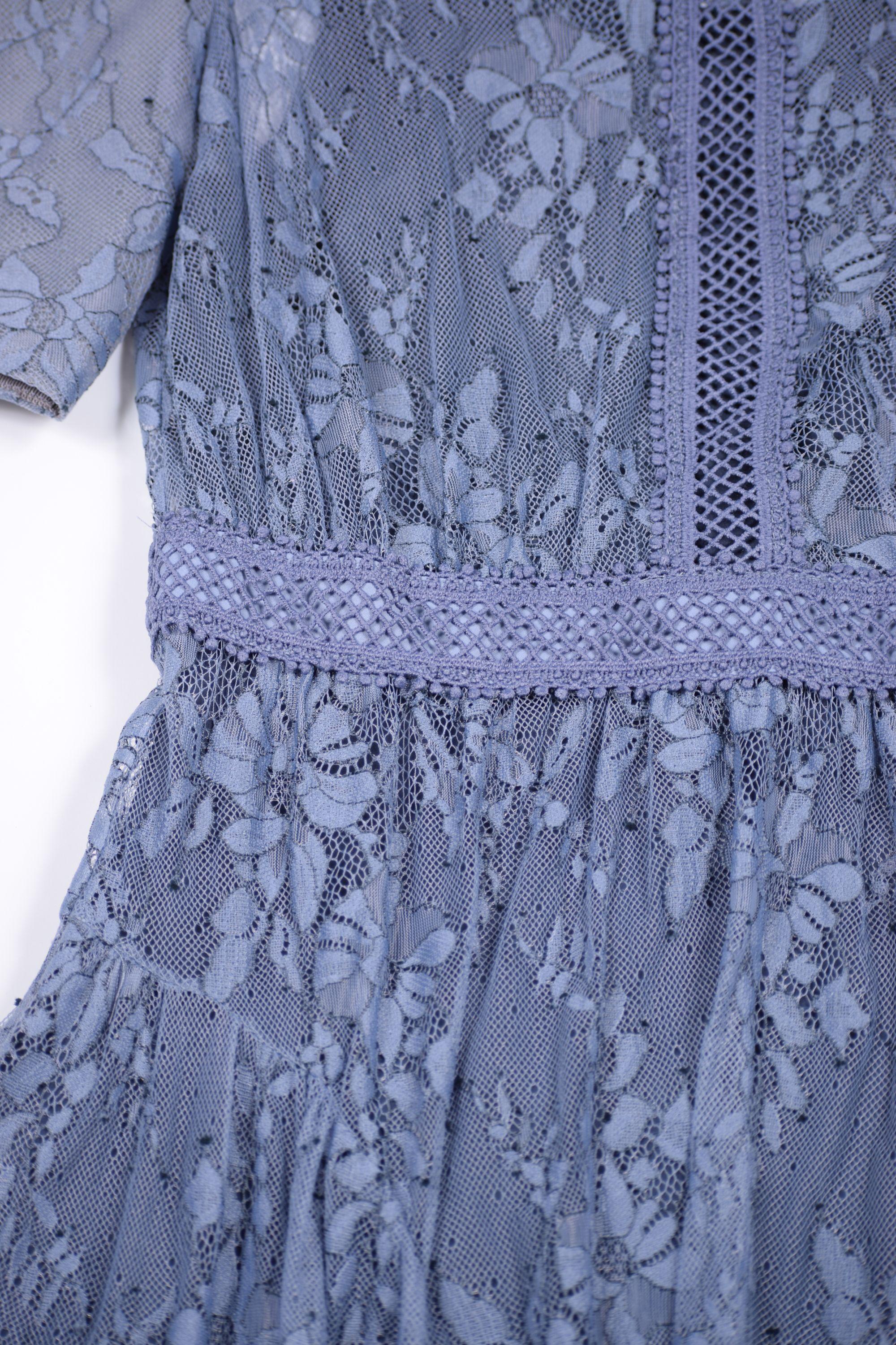 ボリューム袖フラワー刺繍アッシュネイビードレス