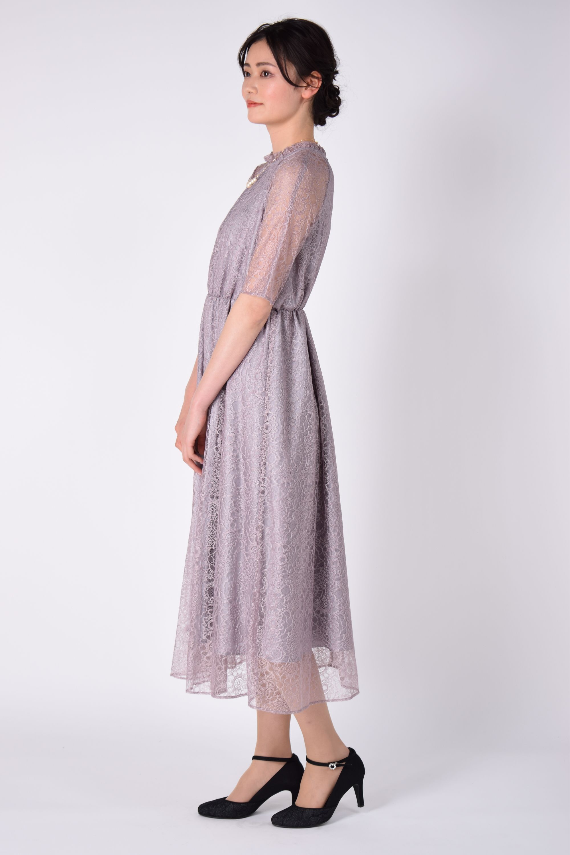 ラグラン袖レースラベンダードレス