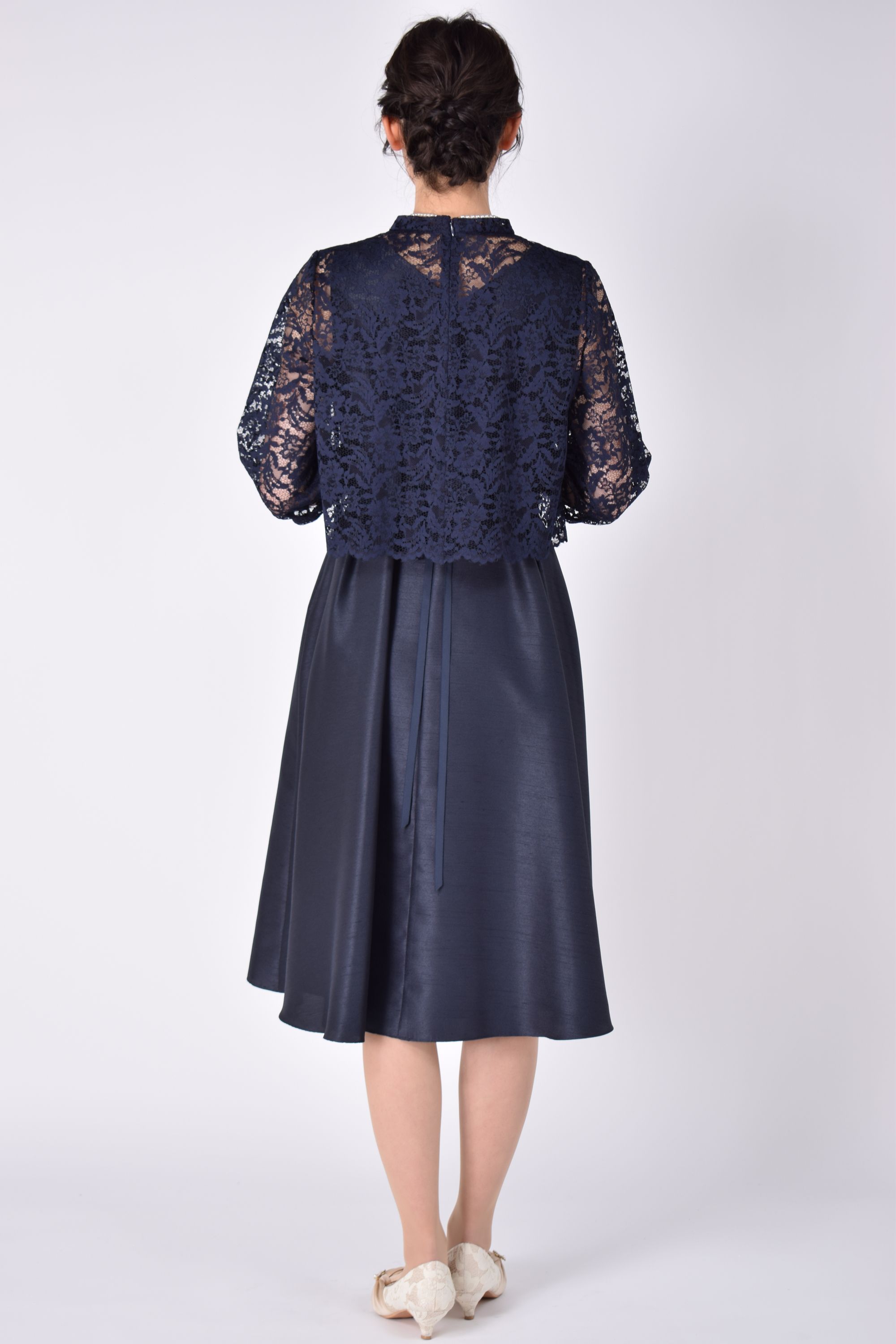 レースオーバートップスフレア濃紺ドレス