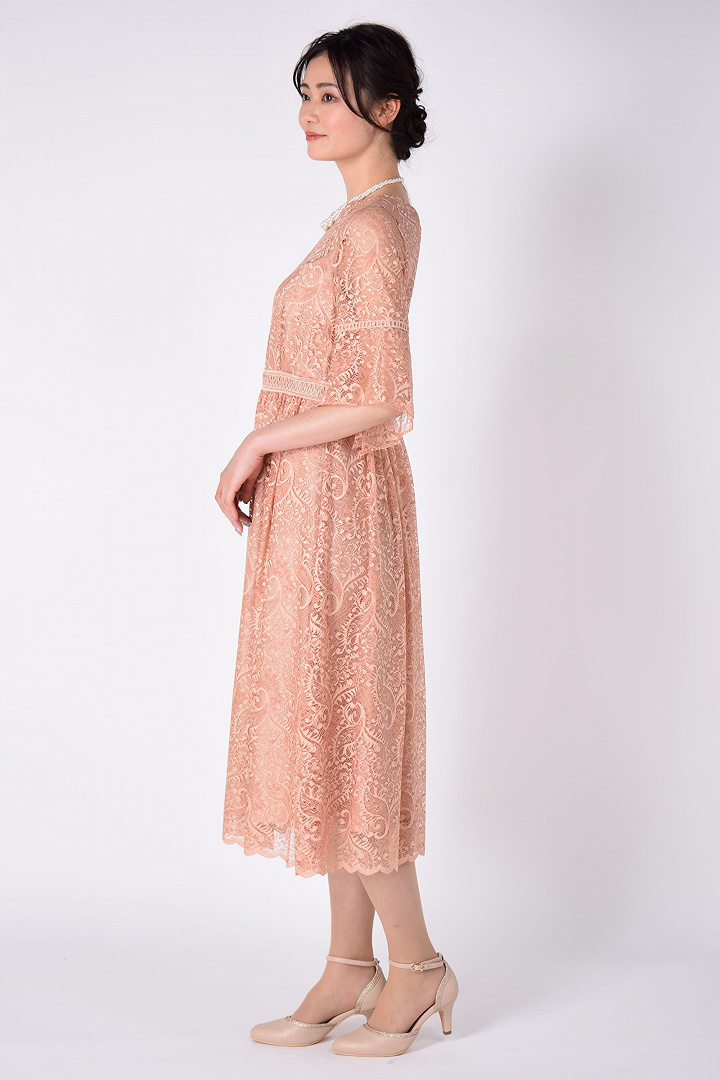 袖フレア総レースサーモンピンクドレス