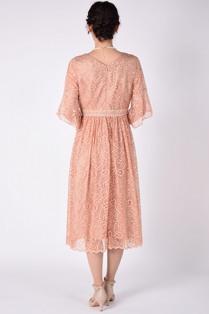 袖フレア総レースサーモンピンクドレス