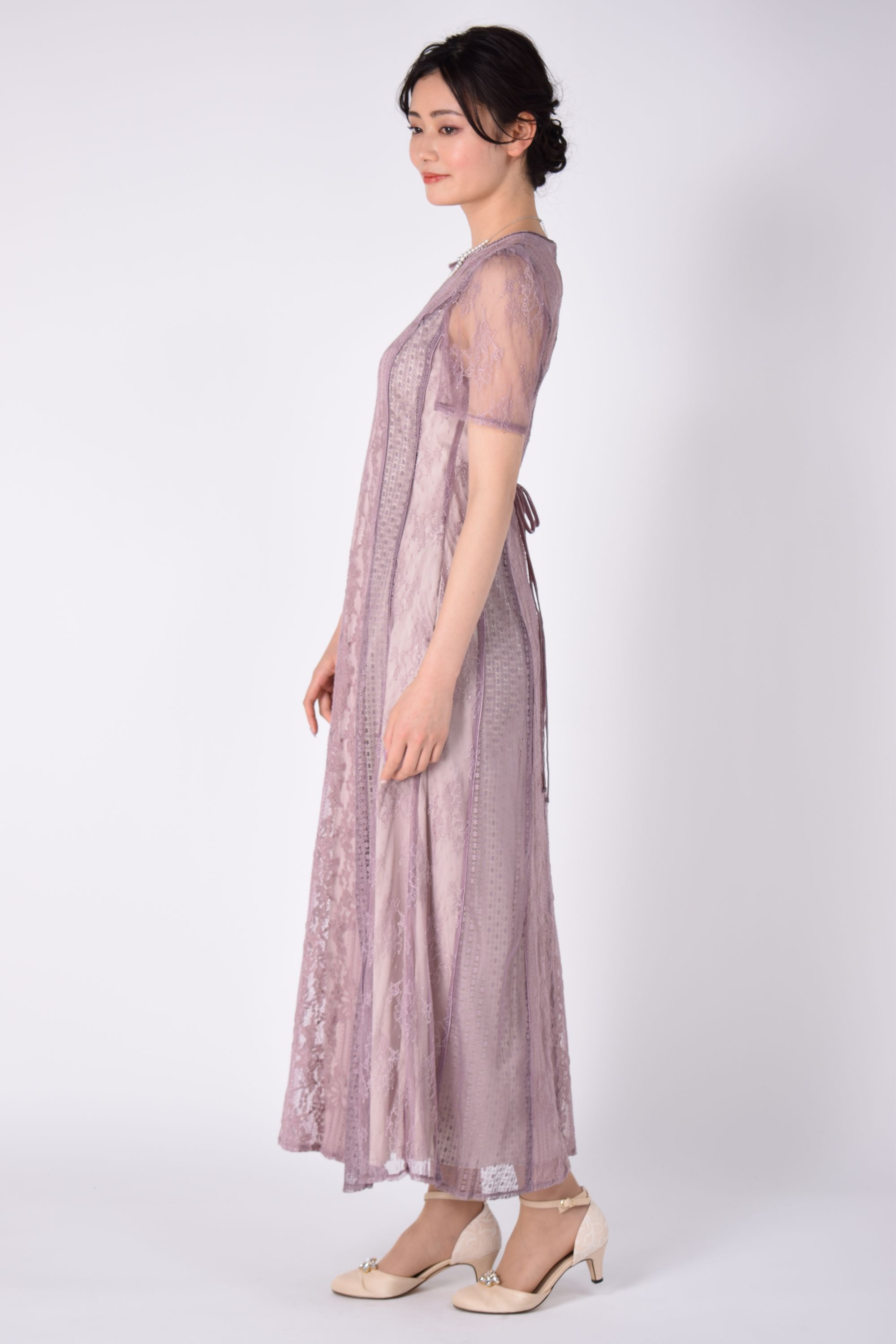 デザインレースMIXくすみピンクドレス