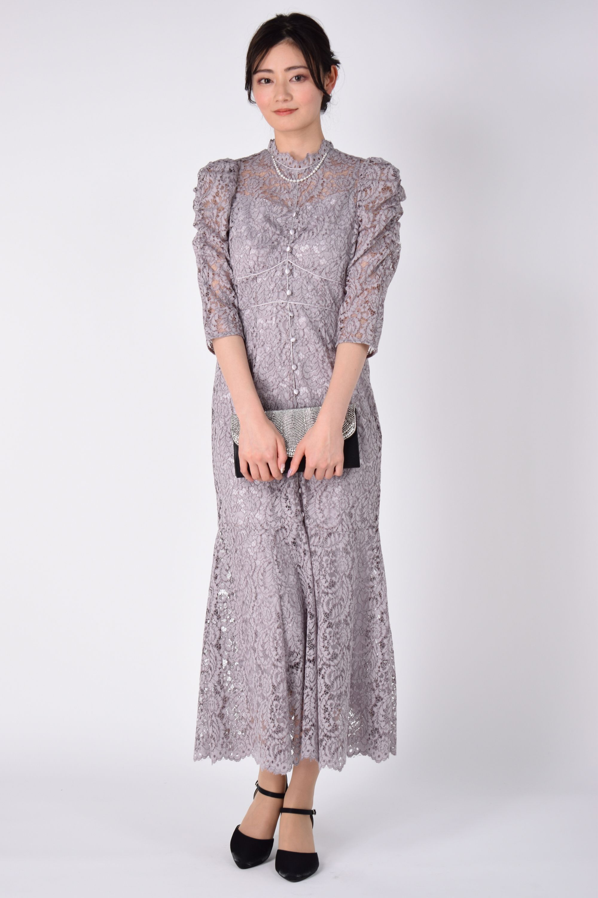 ギャザー総レースくすみラベンダードレス