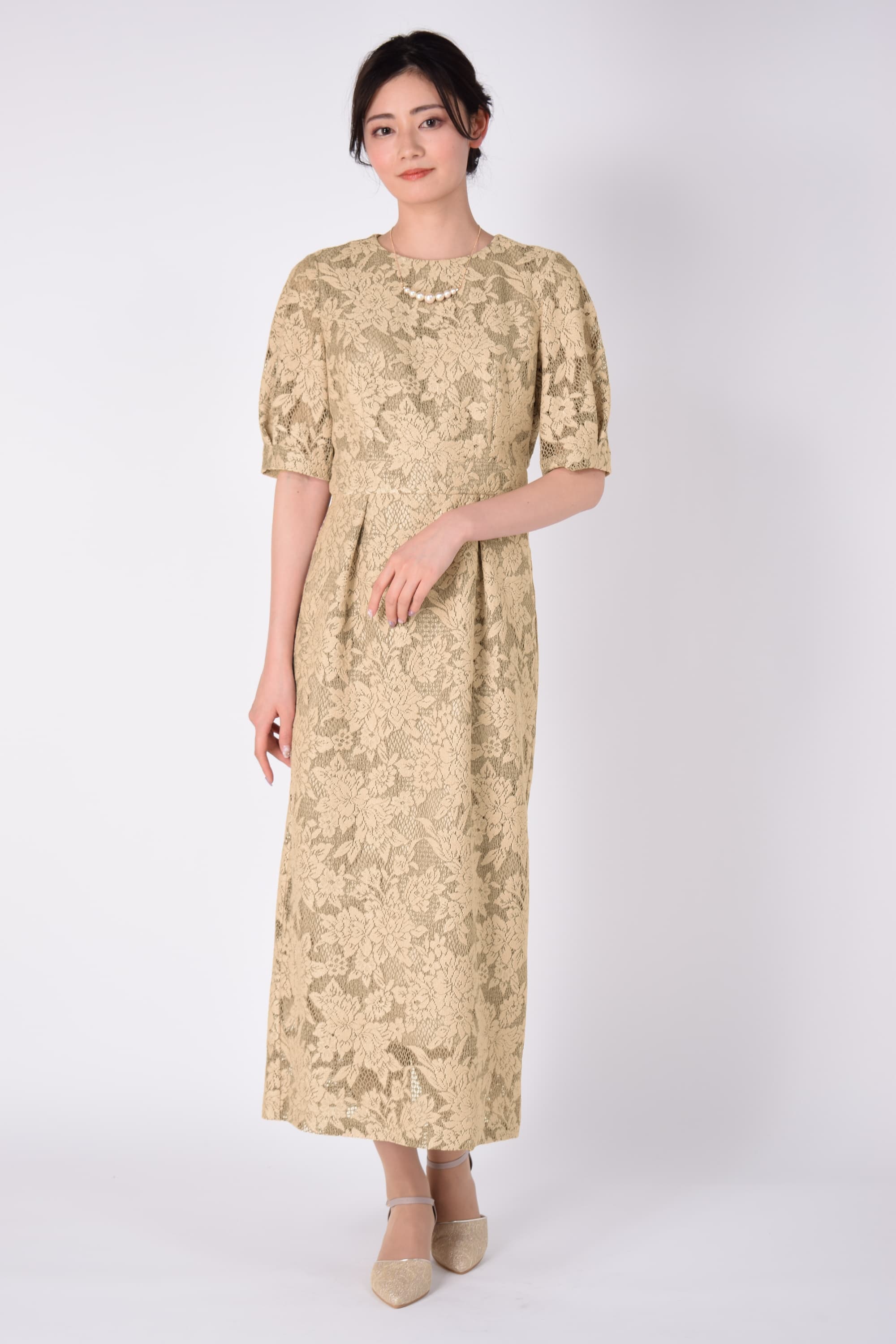 AIMER ジャガードレース袖付きIラインベージュドレス (L) をレンタル ...