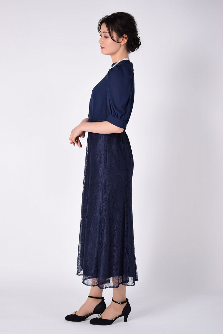 シフォン×レース上品ネイビードレス