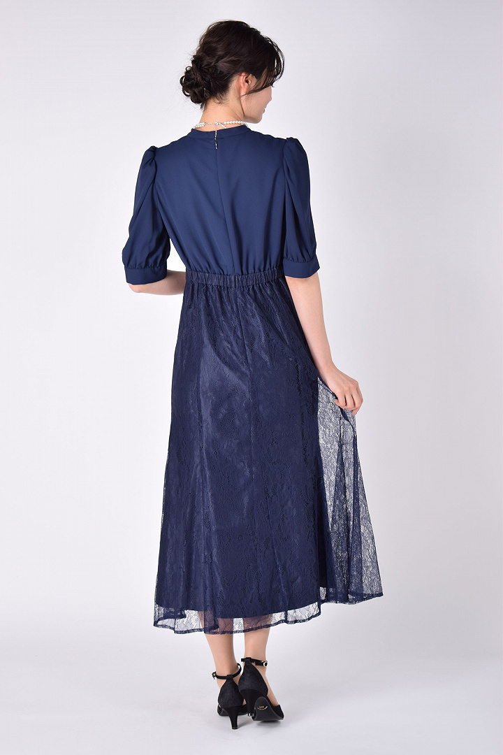 シフォン×レース上品ネイビードレス