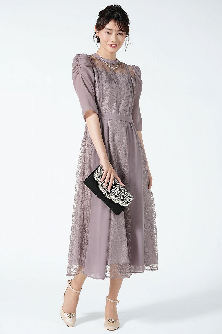 シフォン×レース異素材ライトモーブドレス