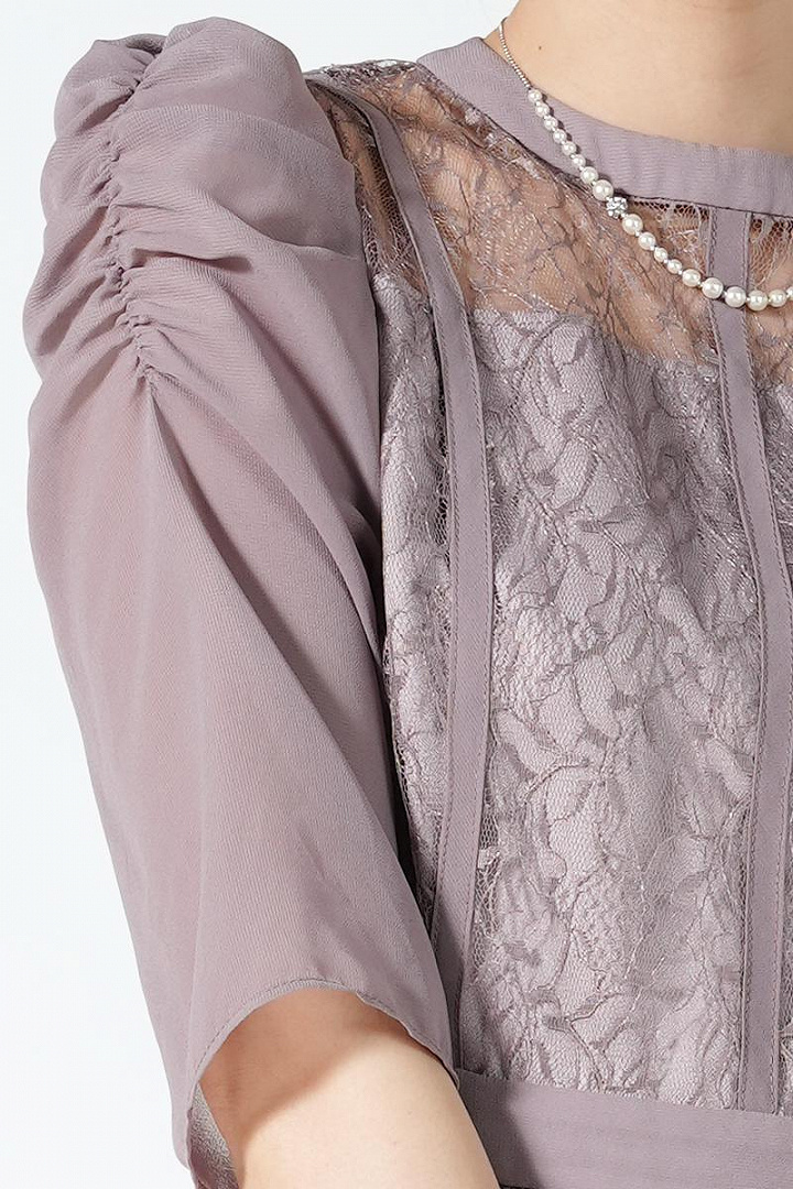 シフォン×レース異素材ライトモーブドレス