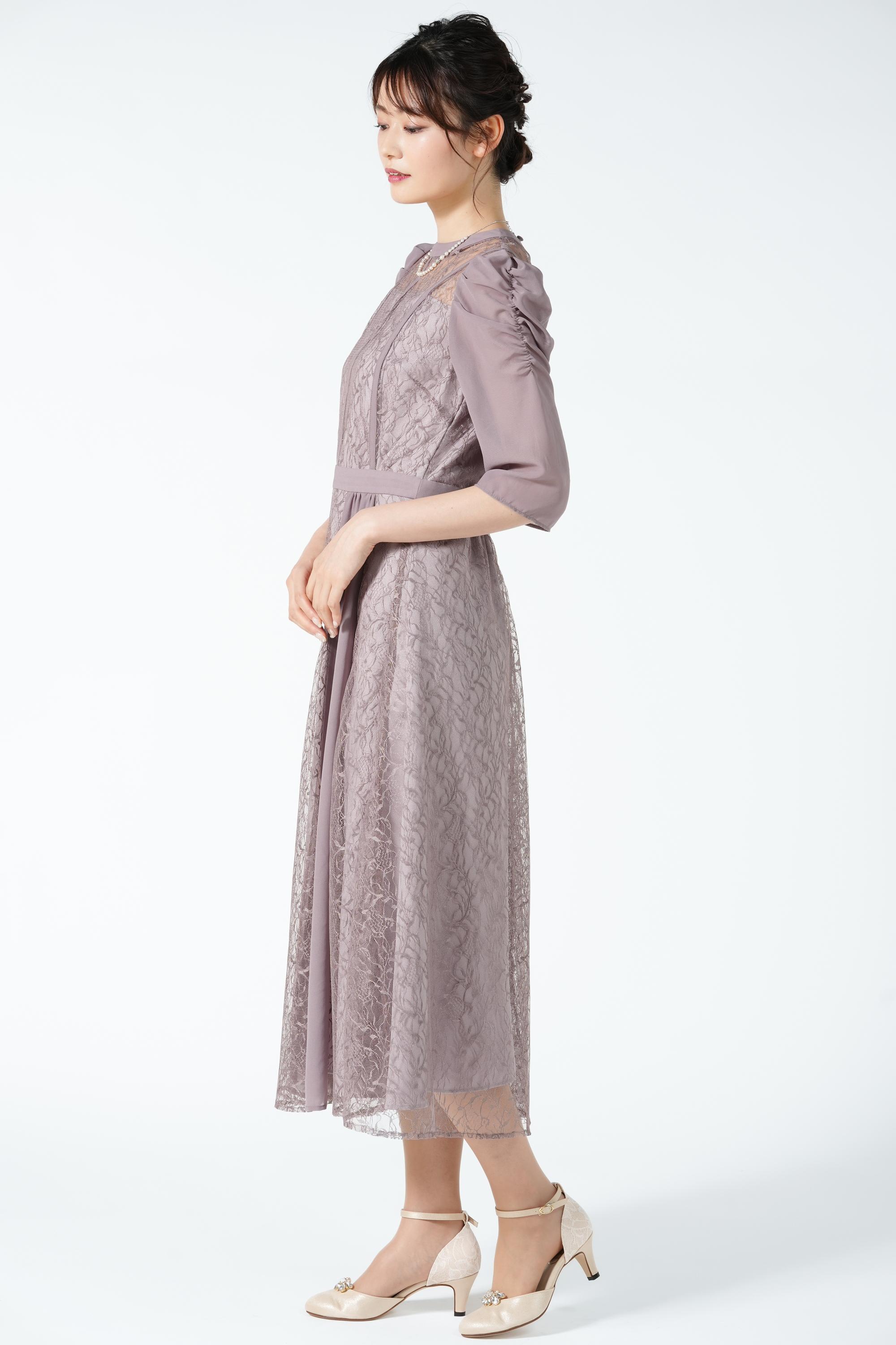 Hermoso シフォン×レース異素材ライトモーブドレス (M) を